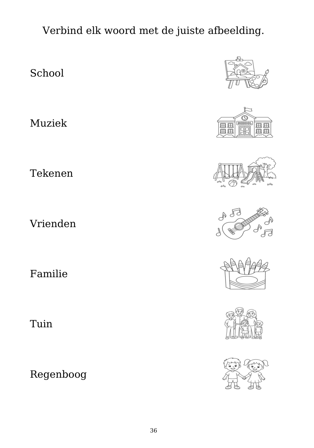 Picture matching exercise with answer lines drawn from each word to its picture