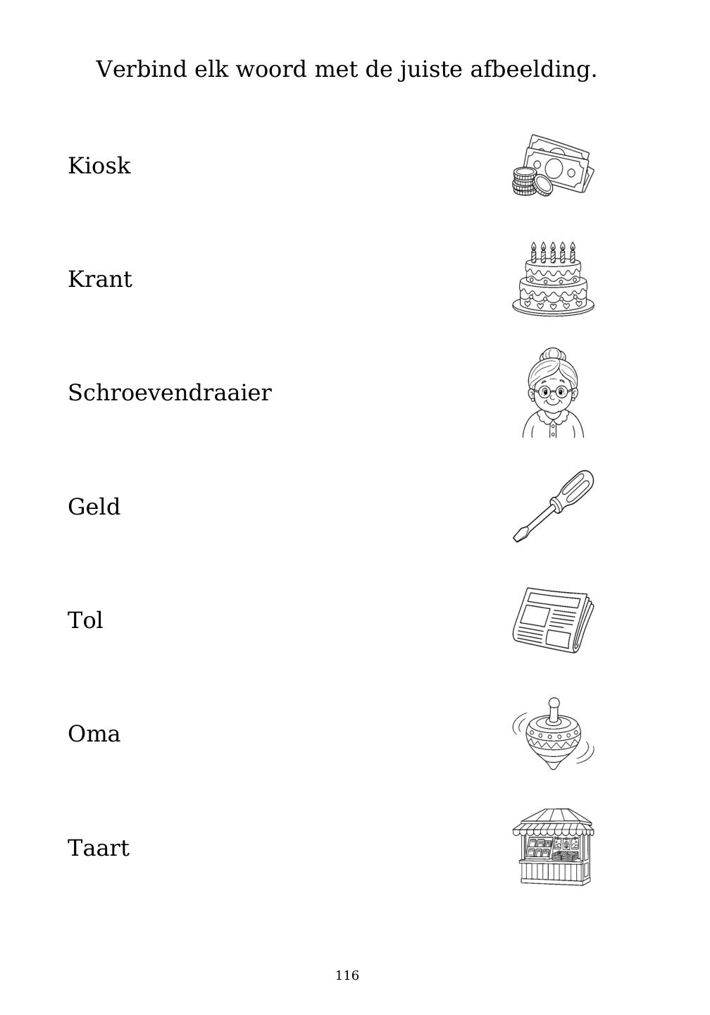 Picture matching exercise with answer lines drawn from each word to its picture