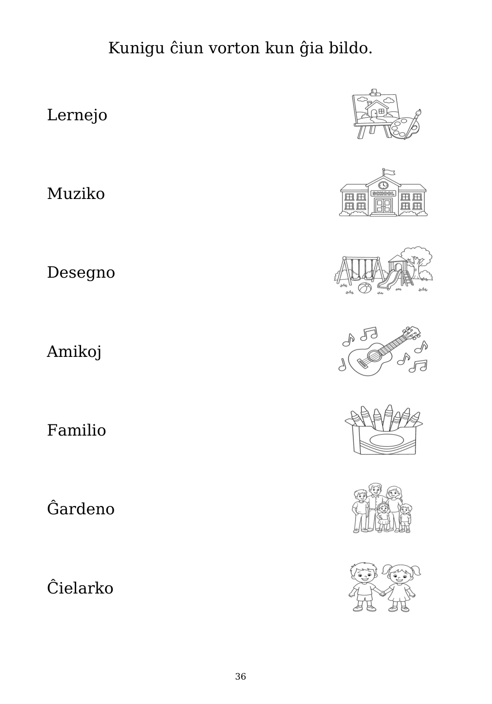 Picture matching exercise with answer lines drawn from each word to its picture