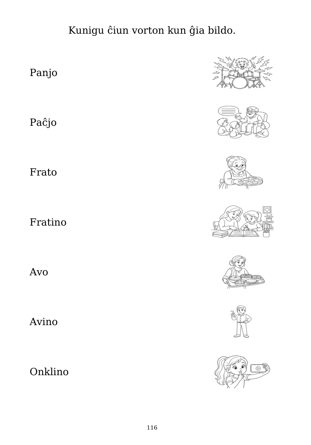 Picture matching exercise with answer lines drawn from each word to its picture
