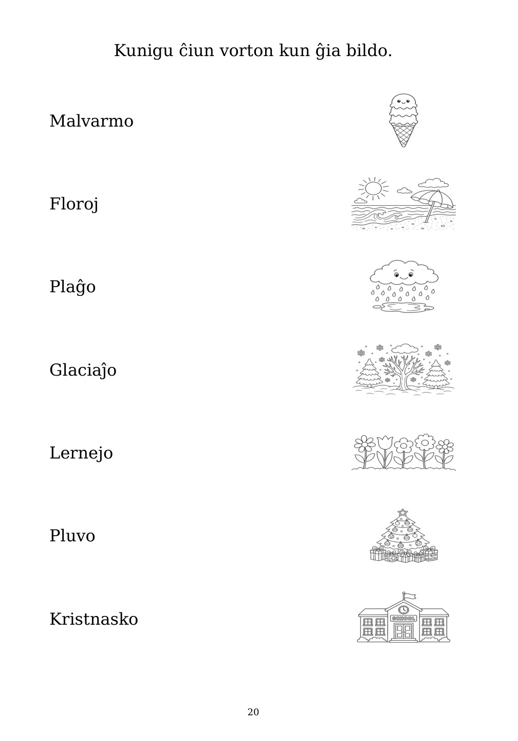 Picture matching exercise with answer lines drawn from each word to its picture