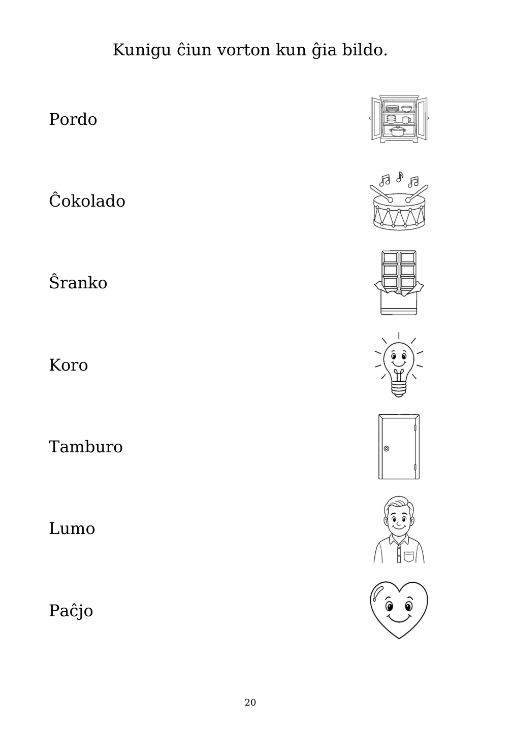 Picture matching exercise with answer lines drawn from each word to its picture