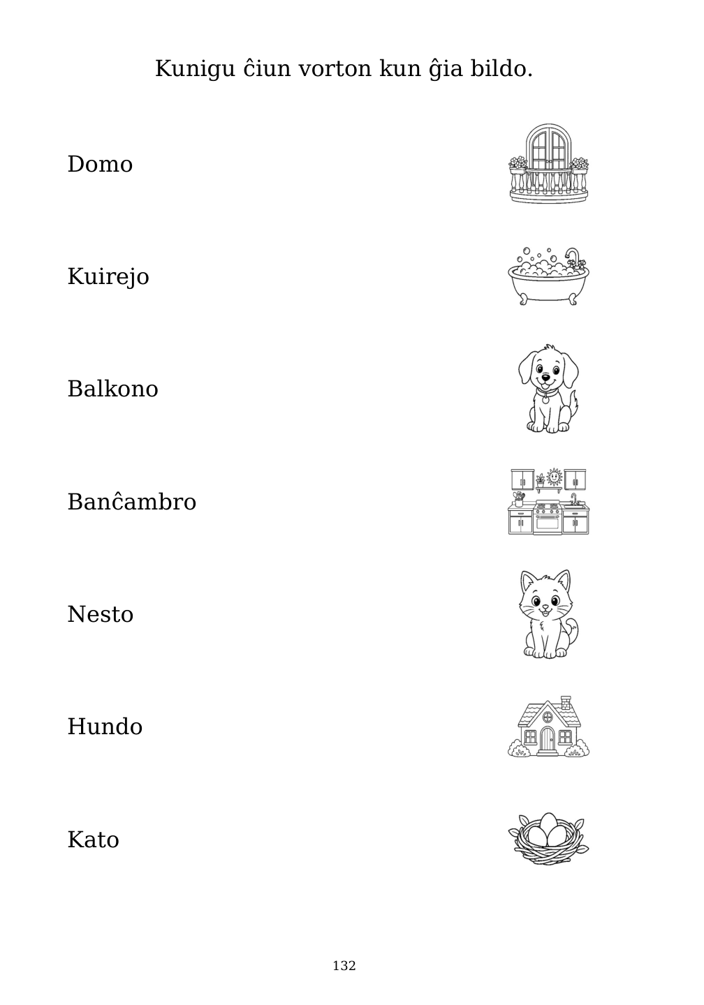Picture matching exercise with answer lines drawn from each word to its picture