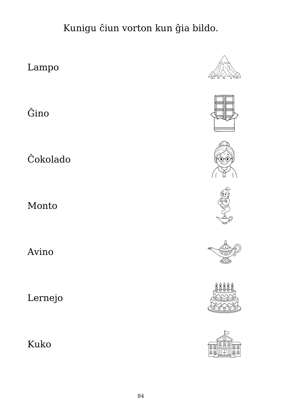Picture matching exercise with answer lines drawn from each word to its picture