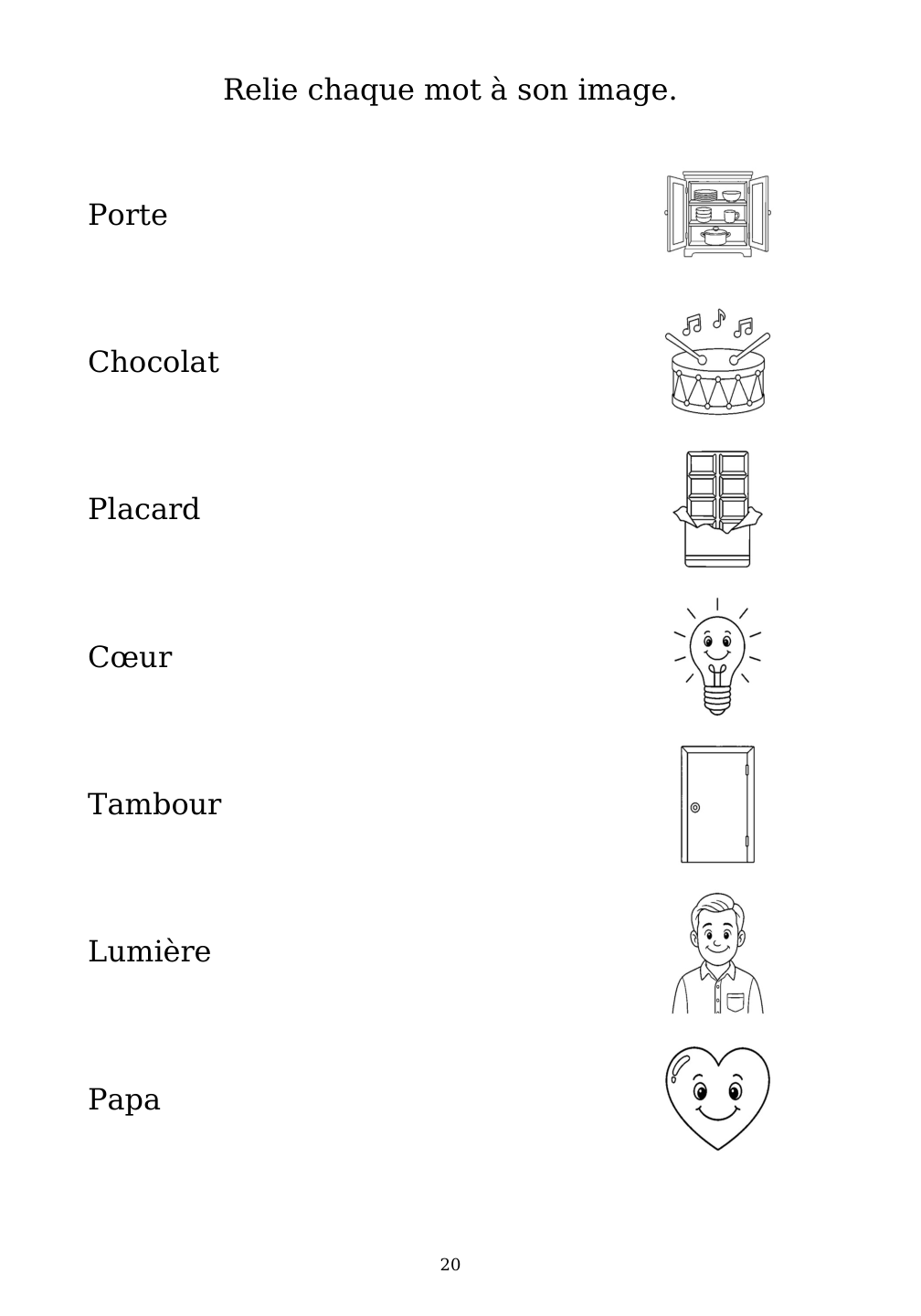 Picture matching exercise with answer lines drawn from each word to its picture