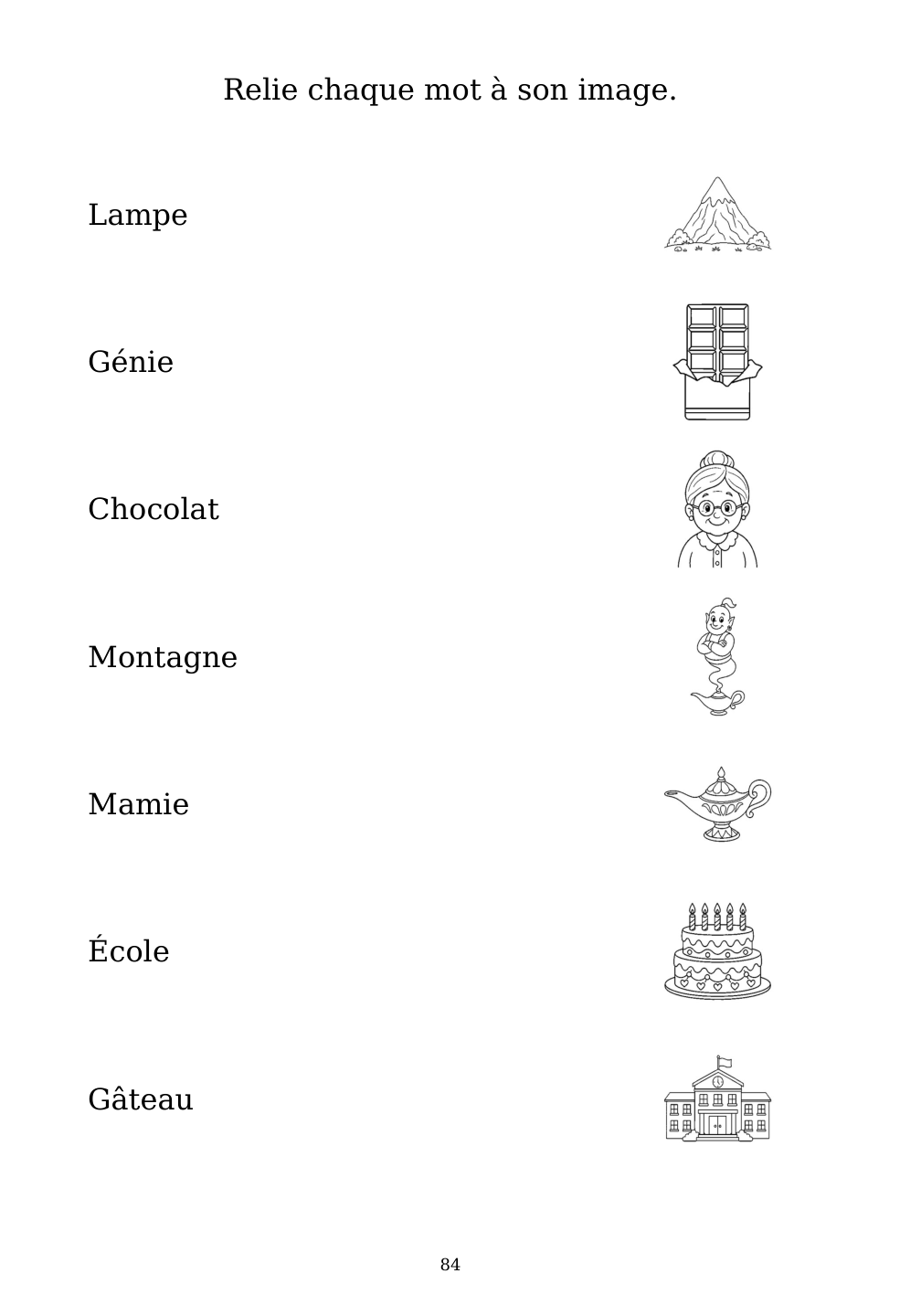 Picture matching exercise with answer lines drawn from each word to its picture