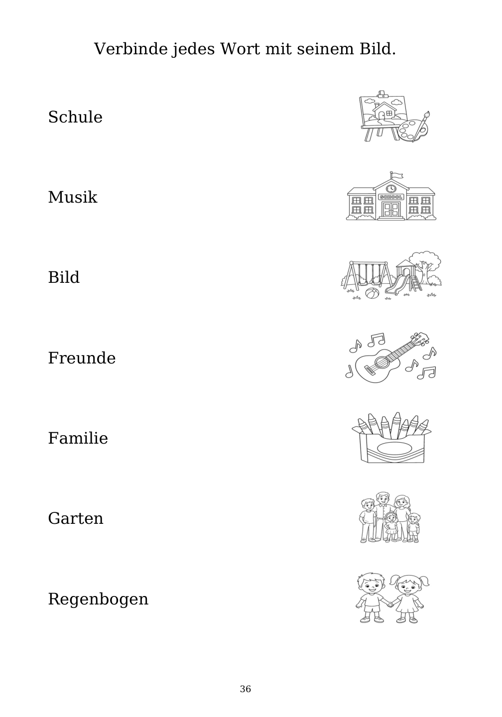 Picture matching exercise with answer lines drawn from each word to its picture