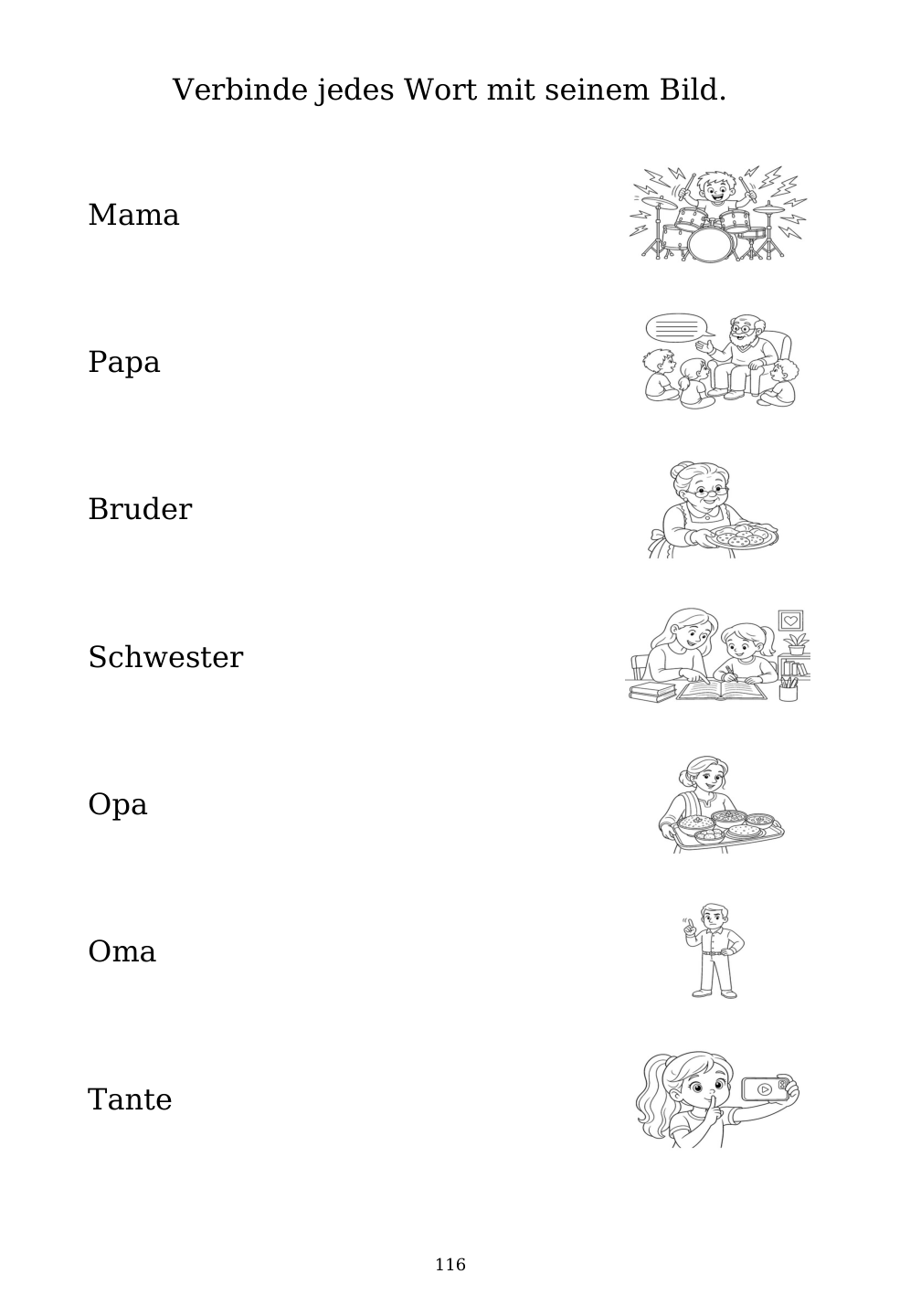 Picture matching exercise with answer lines drawn from each word to its picture