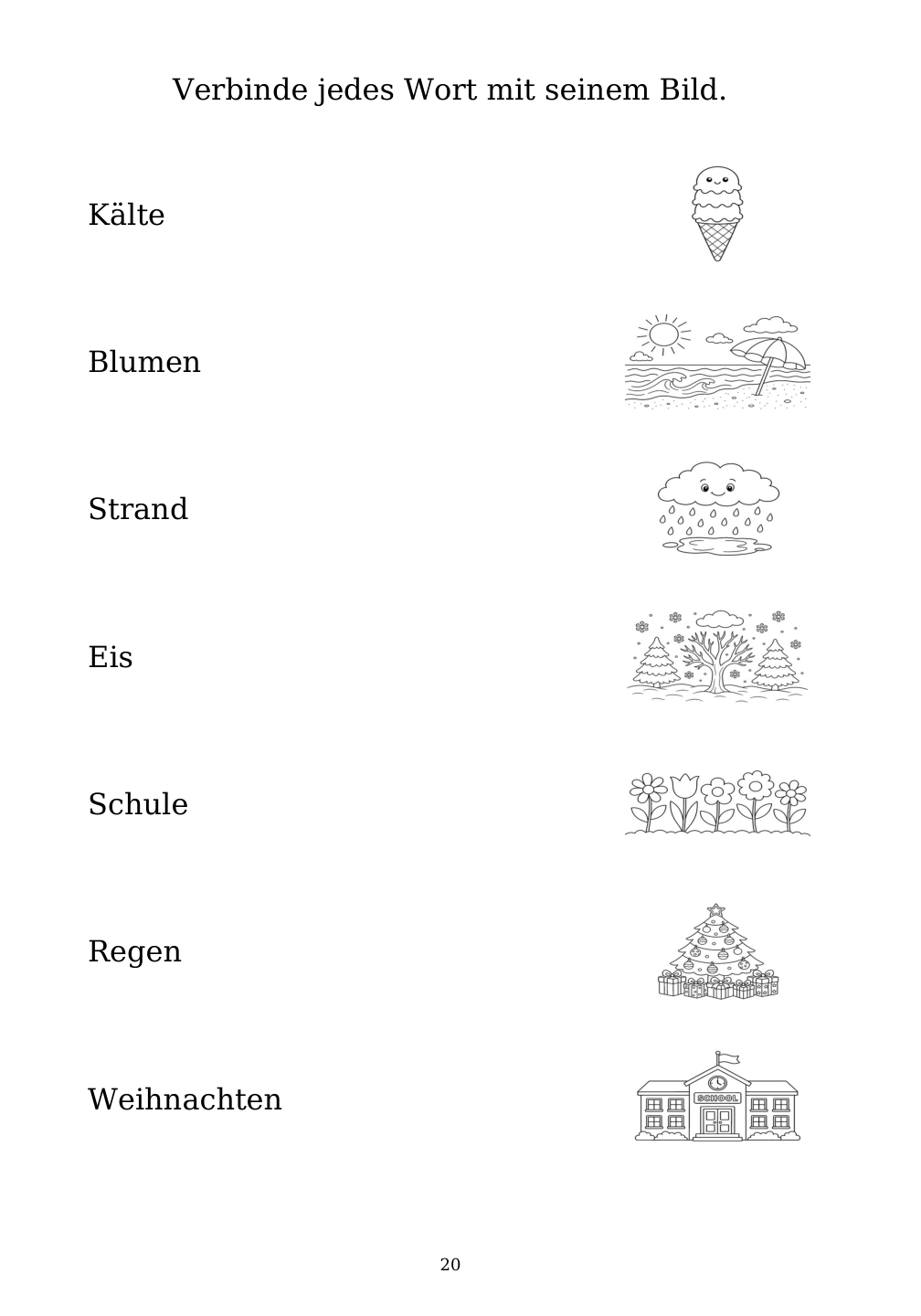 Picture matching exercise with answer lines drawn from each word to its picture