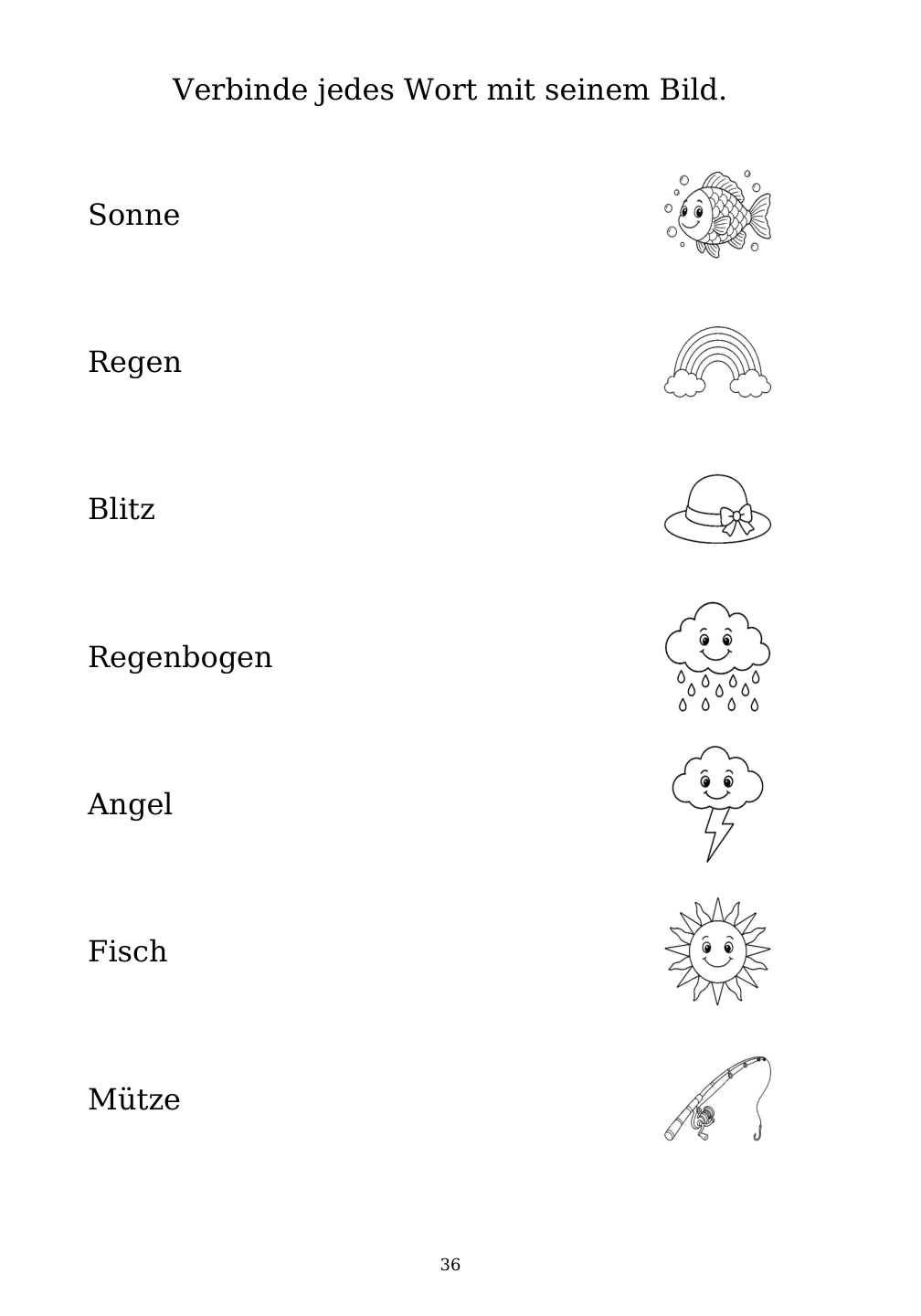 Picture matching exercise with answer lines drawn from each word to its picture