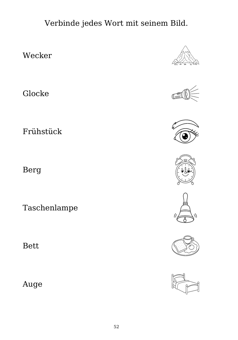 Picture matching exercise with answer lines drawn from each word to its picture