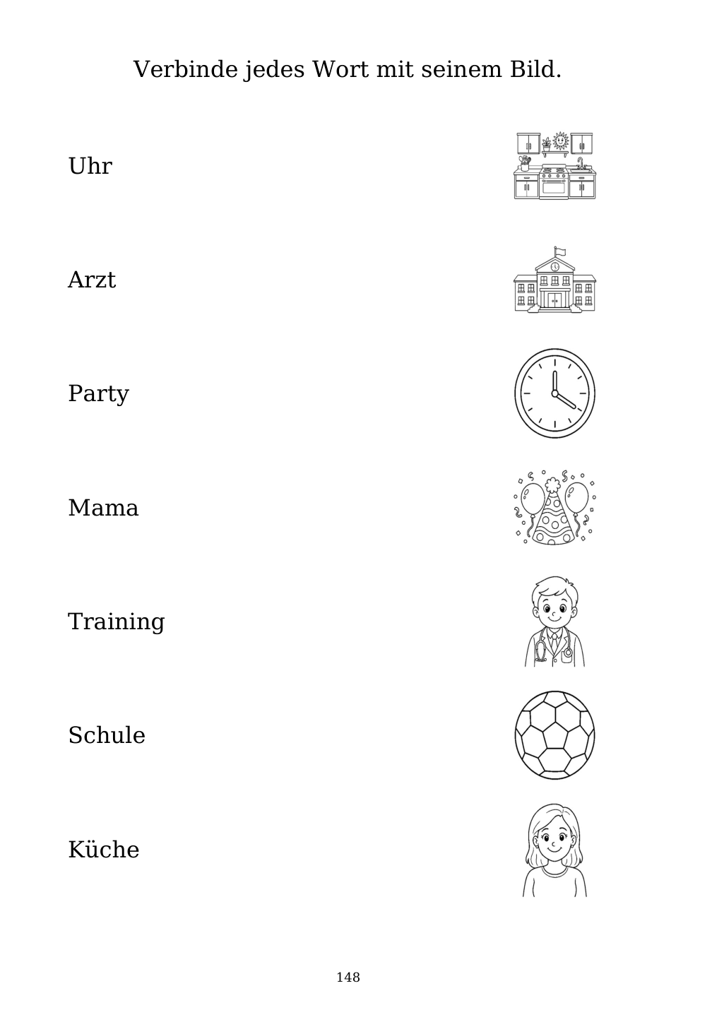 Picture matching exercise with answer lines drawn from each word to its picture