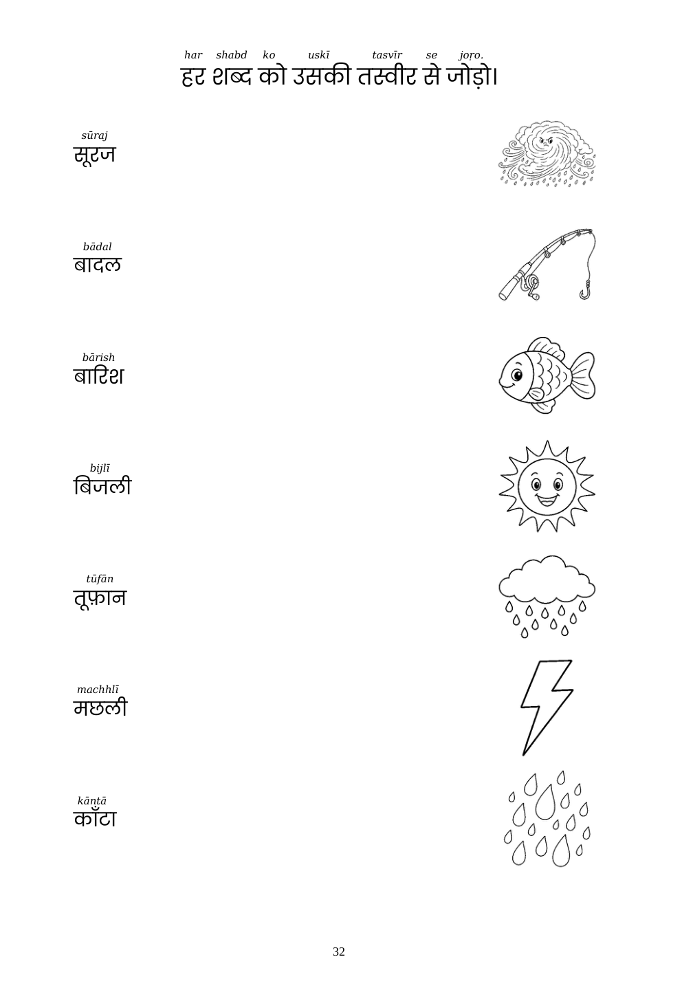 Picture matching exercise with answer lines drawn from each word to its picture