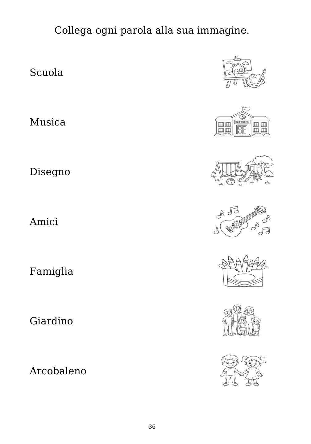 Picture matching exercise with answer lines drawn from each word to its picture