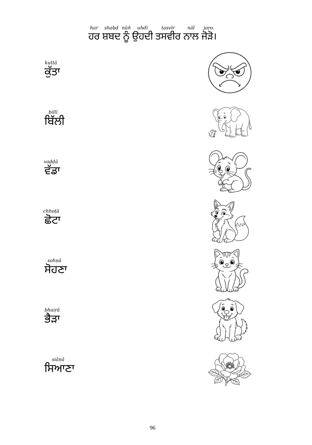 Picture matching exercise with answer lines drawn from each word to its picture