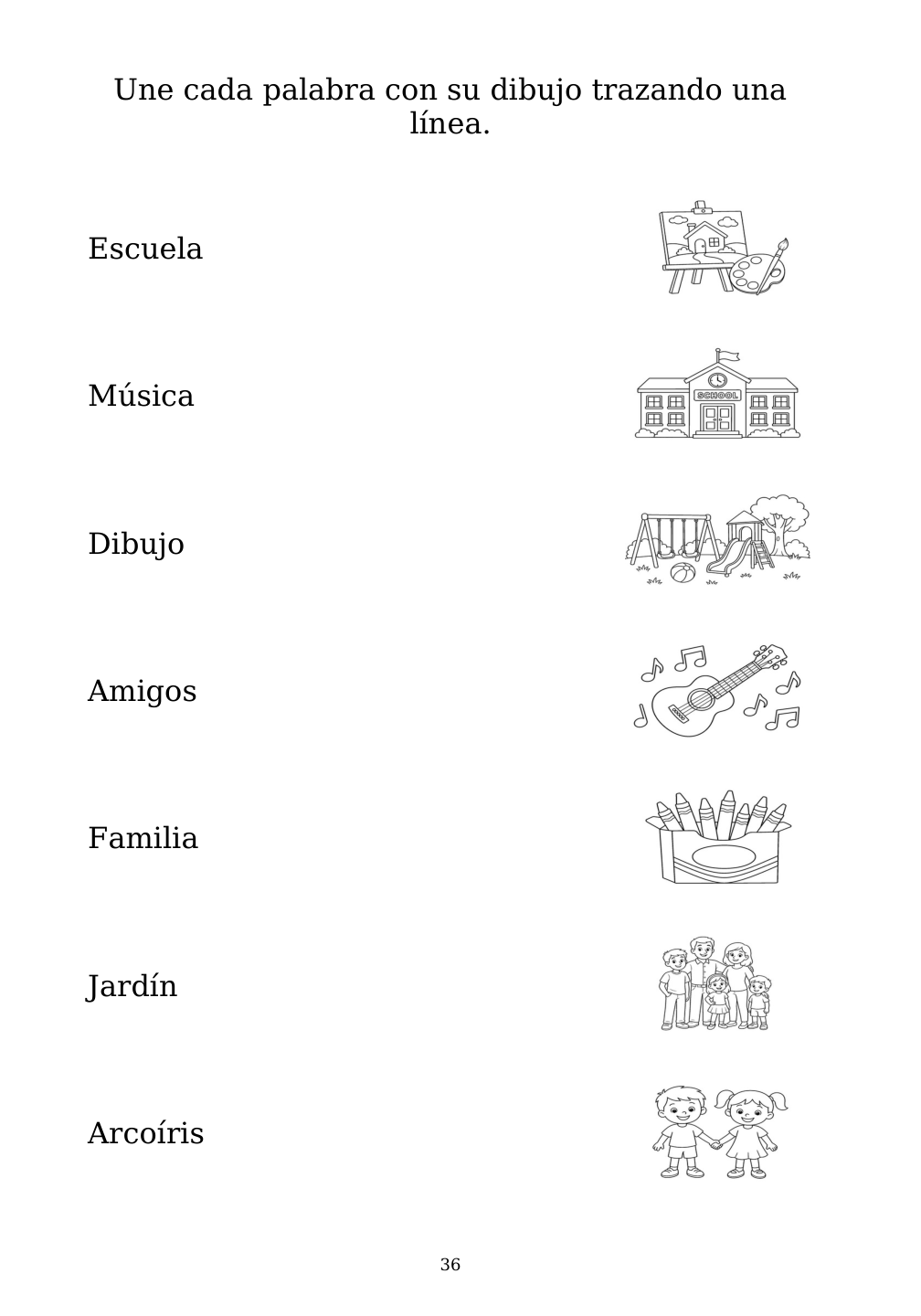 Picture matching exercise with answer lines drawn from each word to its picture