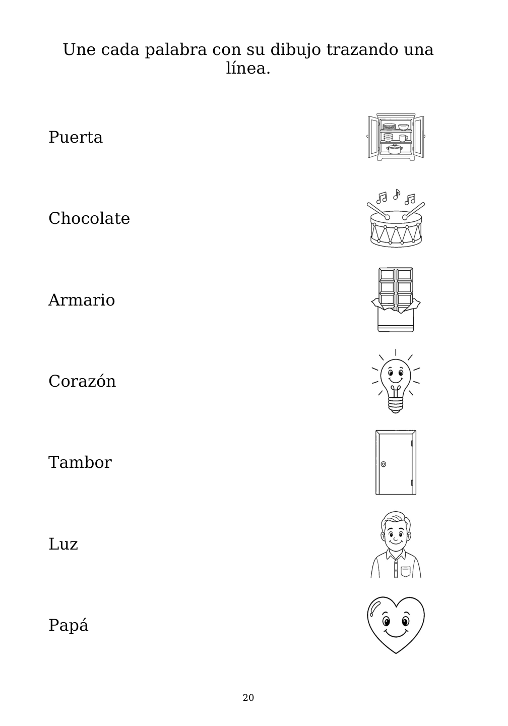 Picture matching exercise with answer lines drawn from each word to its picture