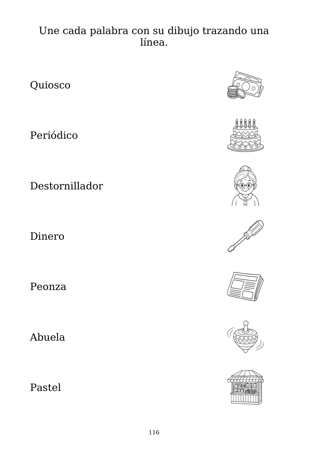 Picture matching exercise with answer lines drawn from each word to its picture