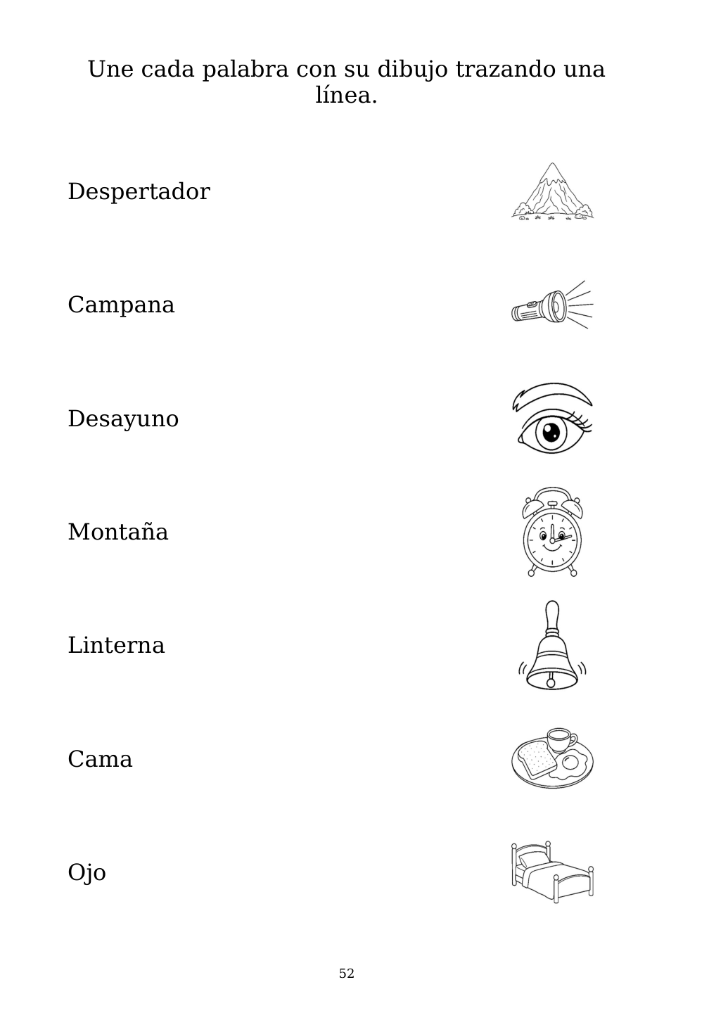 Picture matching exercise with answer lines drawn from each word to its picture