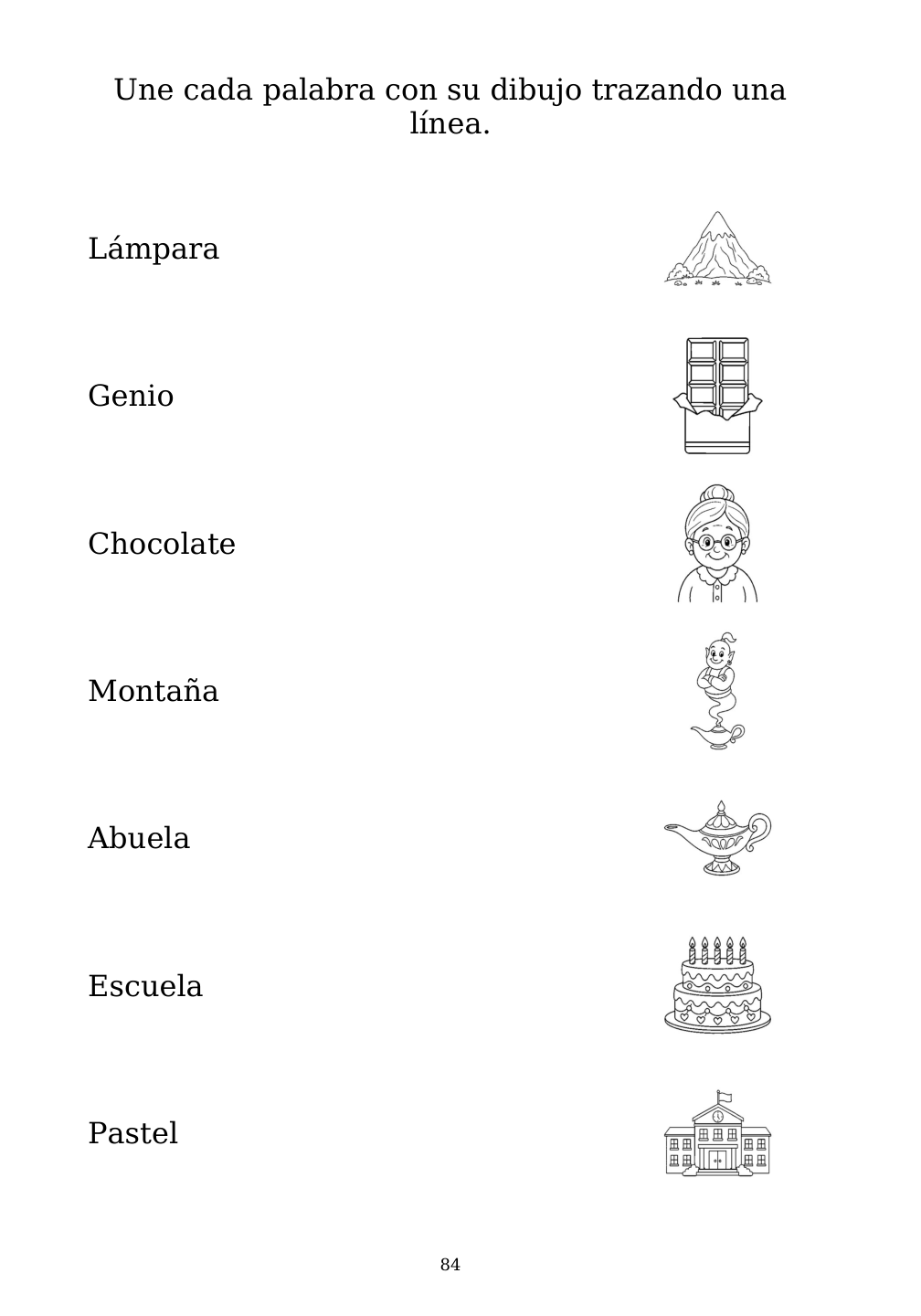 Picture matching exercise with answer lines drawn from each word to its picture